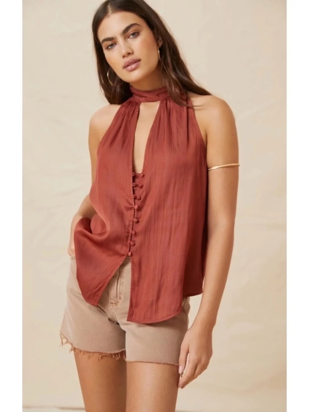 Anthropologie Rust Halter Tie-Neck Button-Front Camisole